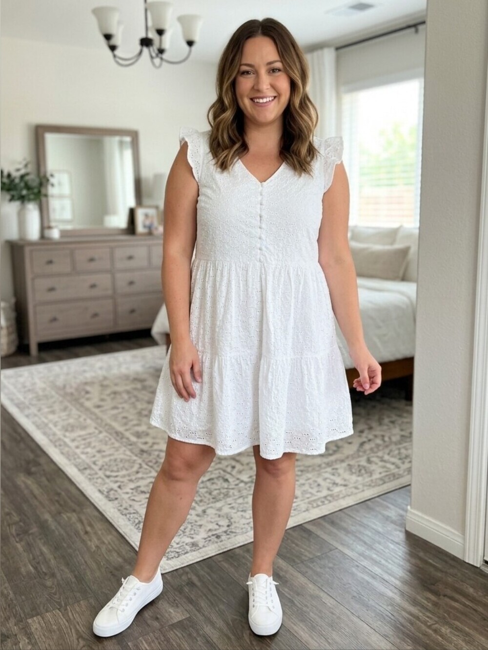 Joie White Eyelet Flutter Sleeve Mini Dress Size Medium 100% Cotton